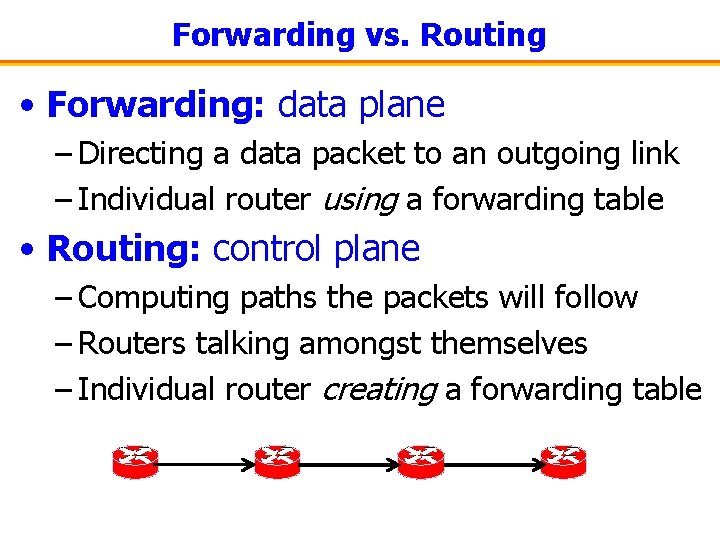 Forwarding vs. Routing • Forwarding: data plane – Directing a data packet to an