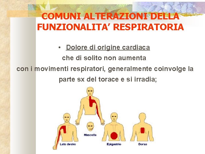 COMUNI ALTERAZIONI DELLA FUNZIONALITA’ RESPIRATORIA • Dolore di origine cardiaca che di solito non