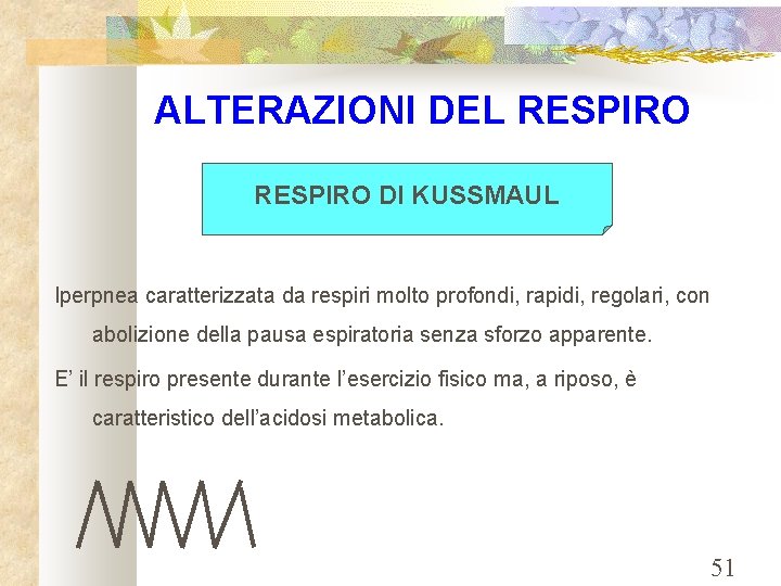 ALTERAZIONI DEL RESPIRO DI KUSSMAUL Iperpnea caratterizzata da respiri molto profondi, rapidi, regolari, con