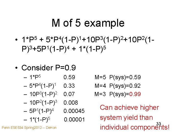 M of 5 example • 1*P 5 + 5*P 4(1 -P)1+10 P 3(1 -P)2+10