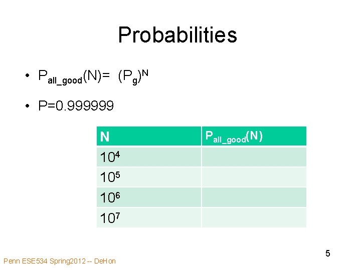 Probabilities • Pall_good(N)= (Pg)N • P=0. 999999 N 104 105 106 107 Penn ESE