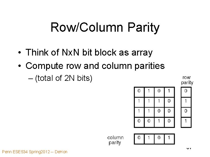 Row/Column Parity • Think of Nx. N bit block as array • Compute row