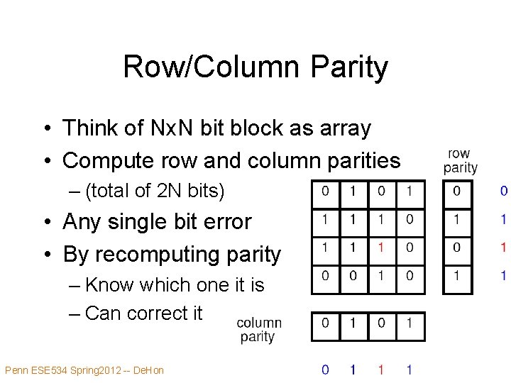 Row/Column Parity • Think of Nx. N bit block as array • Compute row