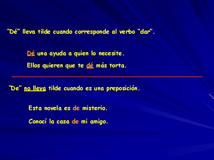 “Dé” lleva tilde cuando corresponde al verbo “dar”. Dé una ayuda a quien lo