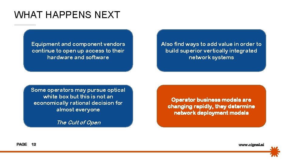 WHAT HAPPENS NEXT Equipment and component vendors continue to open up access to their