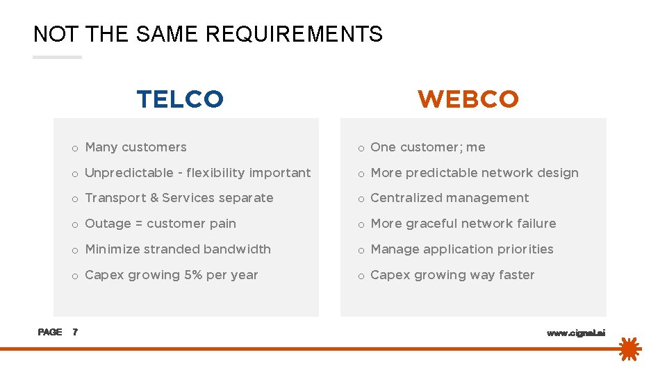 NOT THE SAME REQUIREMENTS TELCO PAGE WEBCO o Many customers o One customer; me