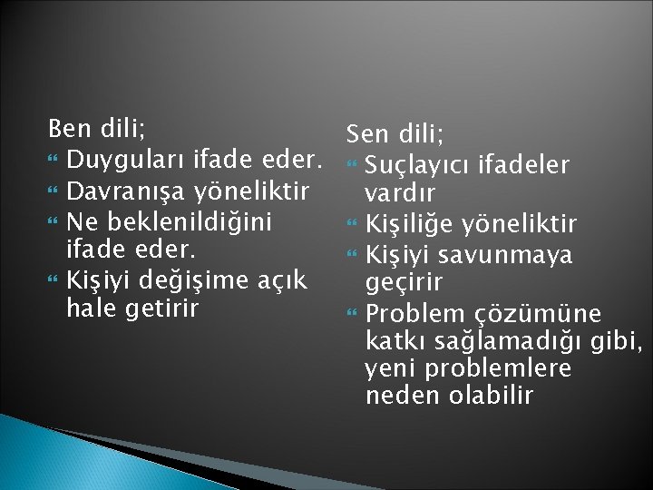 Ben dili; Sen dili; Duyguları ifade eder. Suçlayıcı ifadeler Davranışa yöneliktir vardır Ne beklenildiğini