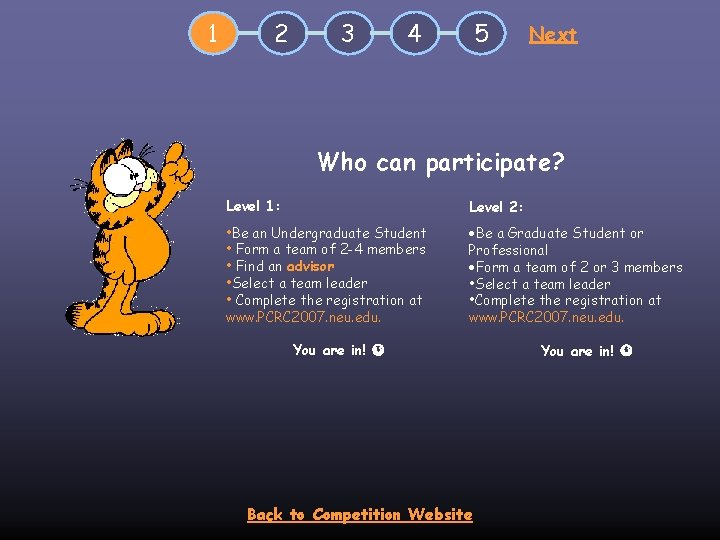 1 2 3 4 5 Next Who can participate? Level 1: Level 2: •