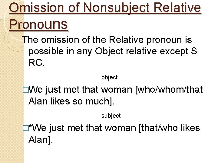 Omission of Nonsubject Relative Pronouns The omission of the Relative pronoun is possible in
