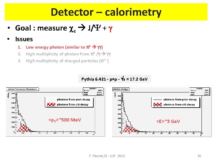 Detector – calorimetry • Goal : measure cc J/Y + g • Issues 1.