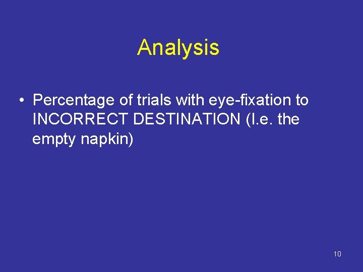 Analysis • Percentage of trials with eye-fixation to INCORRECT DESTINATION (I. e. the empty