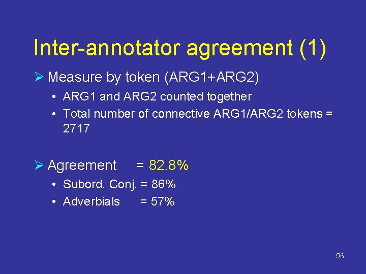 Inter-annotator agreement (1) Ø Measure by token (ARG 1+ARG 2) • ARG 1 and
