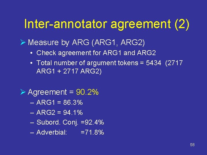 Inter-annotator agreement (2) Ø Measure by ARG (ARG 1, ARG 2) • Check agreement