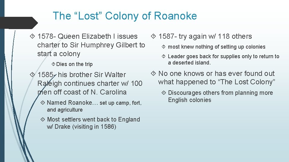 The “Lost” Colony of Roanoke 1578 - Queen Elizabeth I issues 1587 - try The “Lost” Colony of Roanoke 1578 - Queen Elizabeth I issues 1587 - try