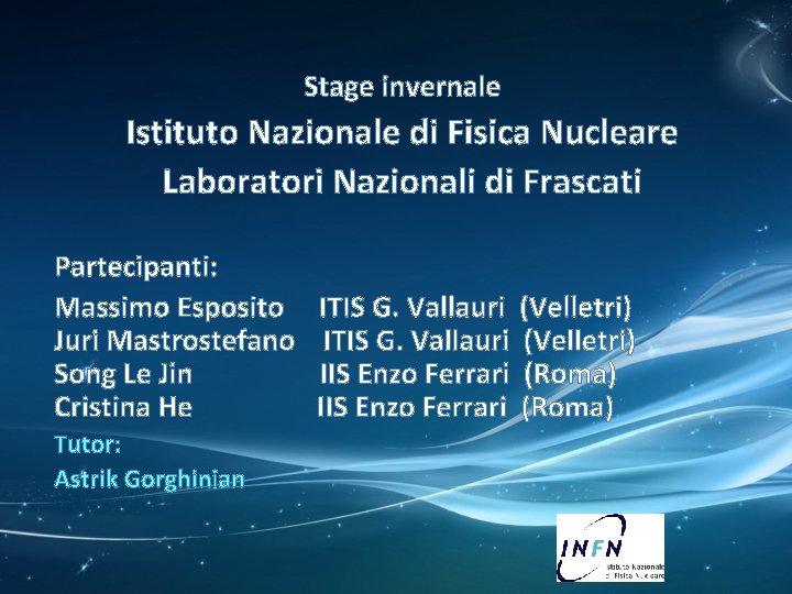 Stage invernale Istituto Nazionale di Fisica Nucleare Laboratori Nazionali di Frascati Partecipanti: Massimo Esposito