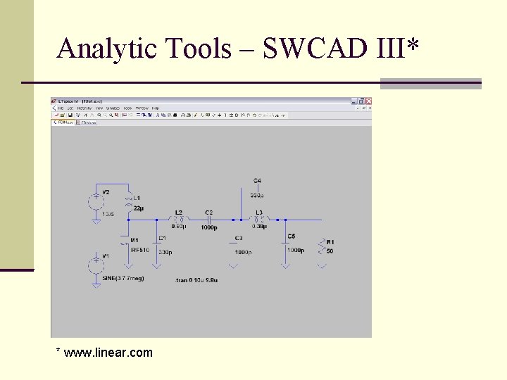 Analytic Tools – SWCAD III* * www. linear. com 