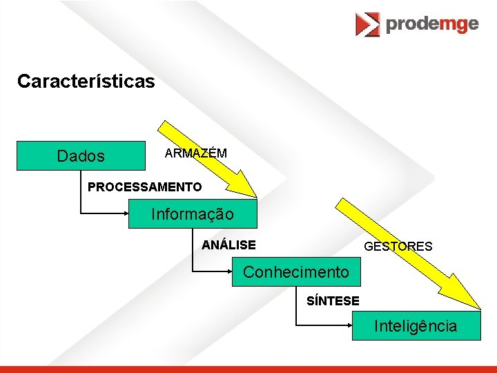 Características Dados ARMAZÉM PROCESSAMENTO Informação ANÁLISE GESTORES Conhecimento SÍNTESE Inteligência 