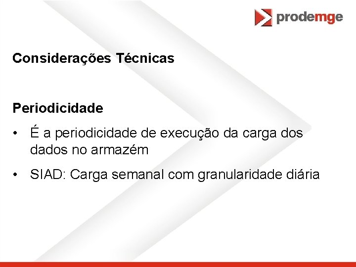 Considerações Técnicas Periodicidade • É a periodicidade de execução da carga dos dados no