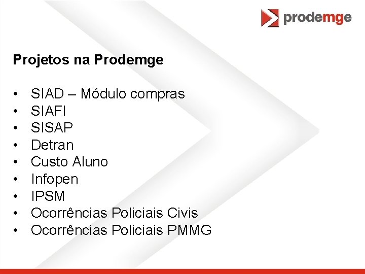 Projetos na Prodemge • • • SIAD – Módulo compras SIAFI SISAP Detran Custo