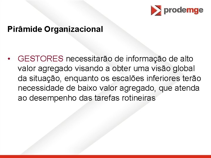 Pirâmide Organizacional • GESTORES necessitarão de informação de alto valor agregado visando a obter