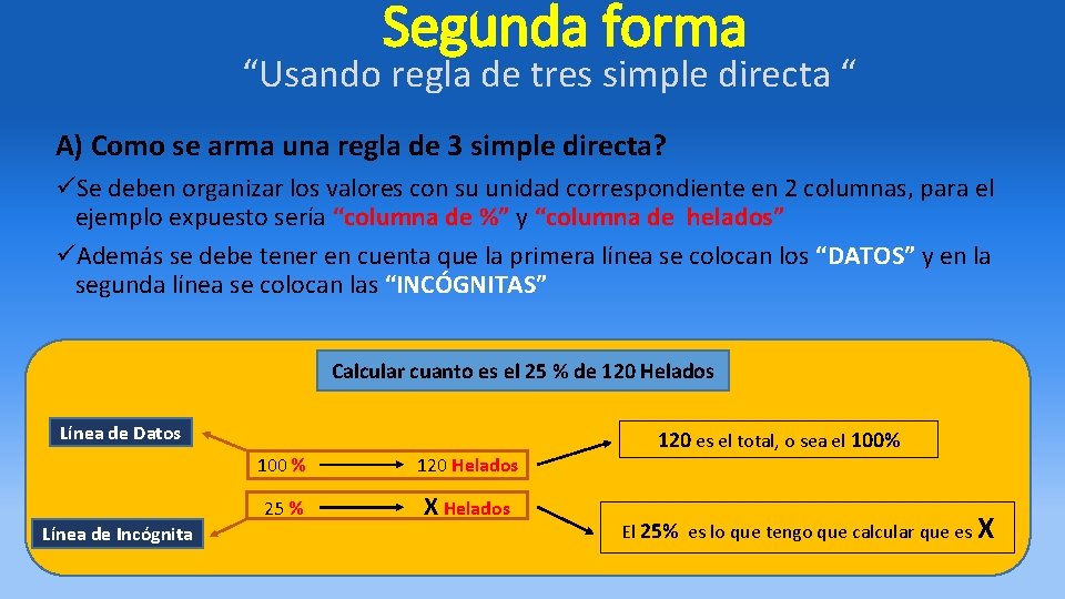Segunda forma “Usando regla de tres simple directa “ A) Como se arma una Segunda forma “Usando regla de tres simple directa “ A) Como se arma una