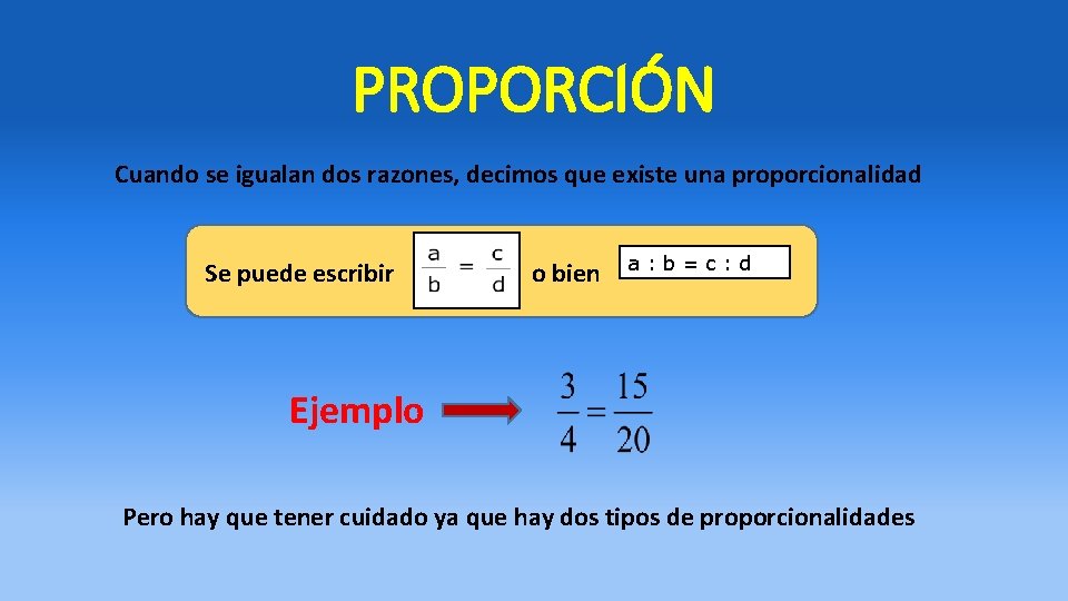 PROPORCIÓN Cuando se igualan dos razones, decimos que existe una proporcionalidad Se puede escribir PROPORCIÓN Cuando se igualan dos razones, decimos que existe una proporcionalidad Se puede escribir