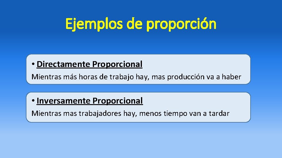 Ejemplos de proporción • Directamente Proporcional Mientras más horas de trabajo hay, mas producción Ejemplos de proporción • Directamente Proporcional Mientras más horas de trabajo hay, mas producción