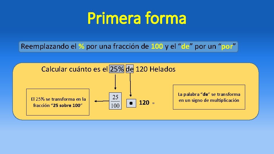 Primera forma Reemplazando el % por una fracción de 100 y el “de” por Primera forma Reemplazando el % por una fracción de 100 y el “de” por