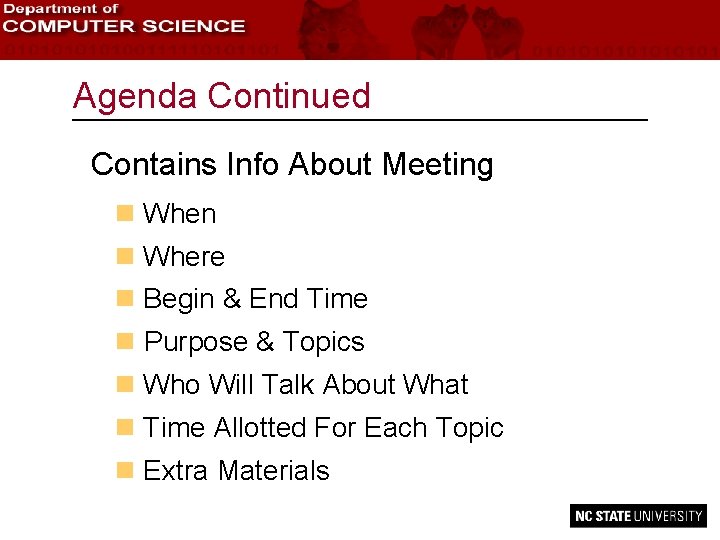 Agenda Continued Contains Info About Meeting n When n Where n Begin & End