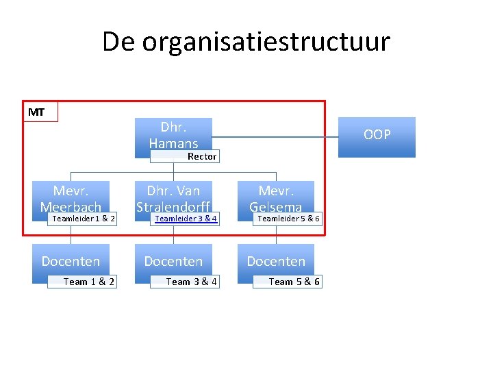 De organisatiestructuur MT Dhr. Hamans OOP Rector Mevr. Meerbach Dhr. Van Stralendorff Mevr. Gelsema