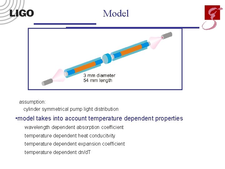 Model assumption: cylinder symmetrical pump light distribution • model takes into account temperature dependent