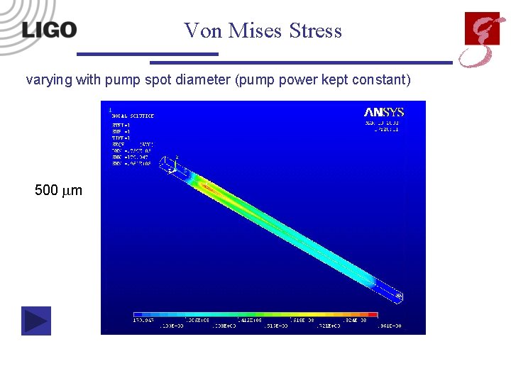 Von Mises Stress varying with pump spot diameter (pump power kept constant) 500 m