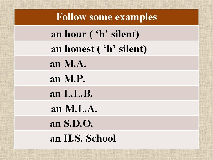 Follow some examples an hour ( ‘h’ silent) an honest ( ‘h’ silent) an