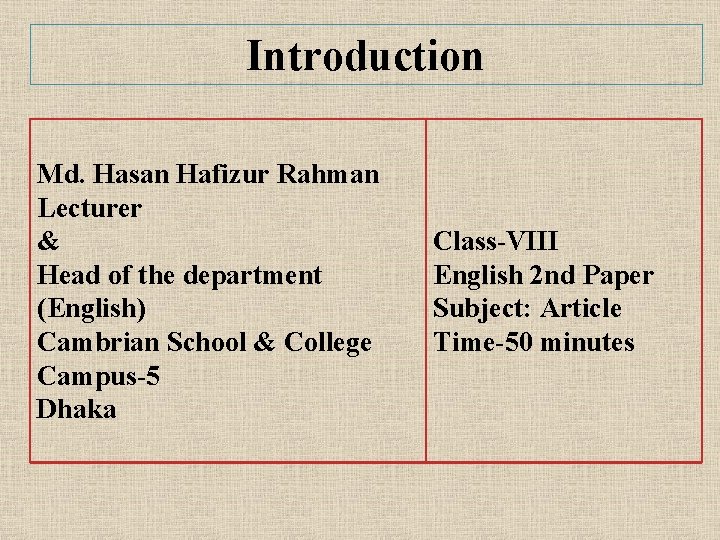 Introduction Md. Hasan Hafizur Rahman Lecturer & Head of the department (English) Cambrian School