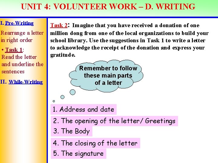 UNIT 4: VOLUNTEER WORK – D. WRITING I. Pre-Writing Rearrange a letter in right