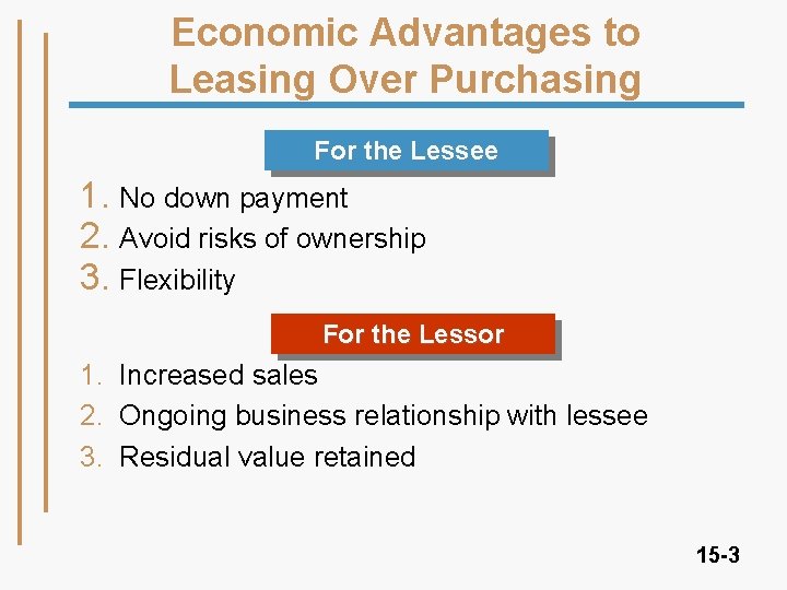 Economic Advantages to Leasing Over Purchasing For the Lessee 1. No down payment 2.