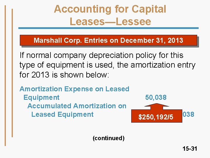 Accounting for Capital Leases—Lessee Marshall Corp. Entries on December 31, 2013 If normal company