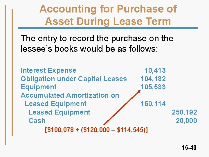 Accounting for Purchase of Asset During Lease Term The entry to record the purchase