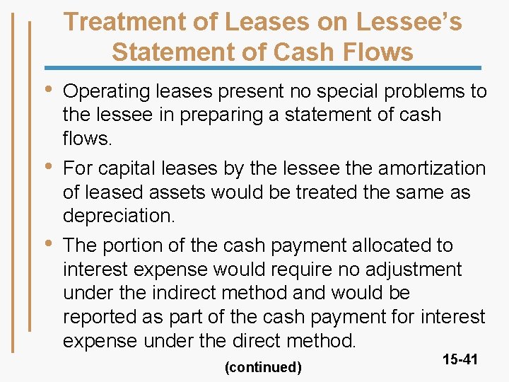 Treatment of Leases on Lessee’s Statement of Cash Flows • • • Operating leases