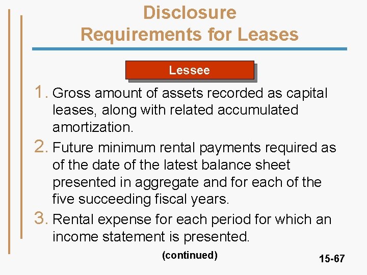 Disclosure Requirements for Leases Lessee 1. Gross amount of assets recorded as capital leases,