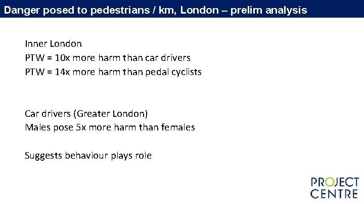 Danger posed to pedestrians / km, London – prelim analysis Inner London PTW = Danger posed to pedestrians / km, London – prelim analysis Inner London PTW =