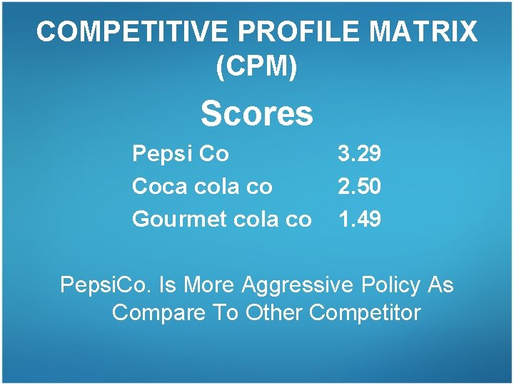 COMPETITIVE PROFILE MATRIX (CPM) Scores Pepsi Co Coca cola co Gourmet cola co 3.