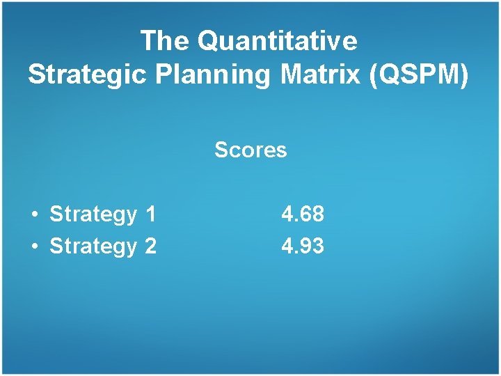 The Quantitative Strategic Planning Matrix (QSPM) Scores • Strategy 1 • Strategy 2 4.