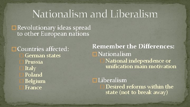 Nationalism and Liberalism � Revolutionary ideas spread to other European nations � Countries affected: