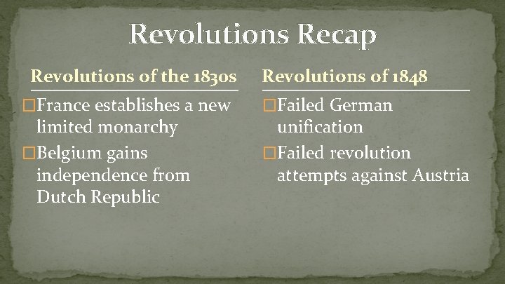 Revolutions Recap Revolutions of the 1830 s �France establishes a new limited monarchy �Belgium