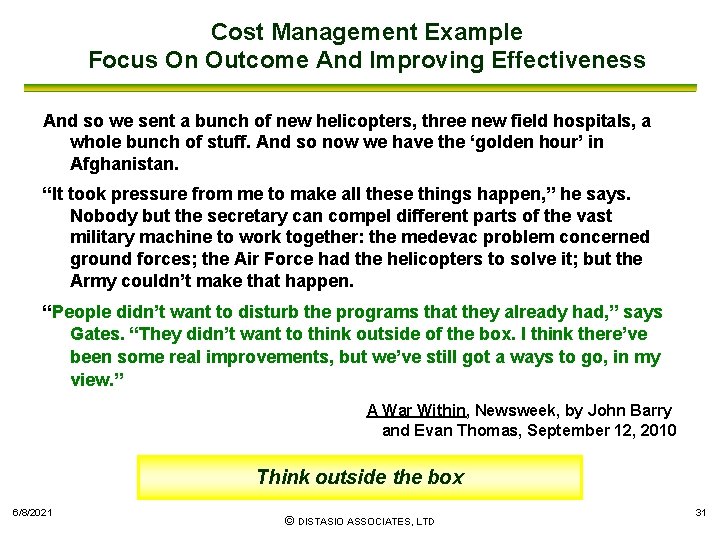 Cost Management Example Focus On Outcome And Improving Effectiveness And so we sent a