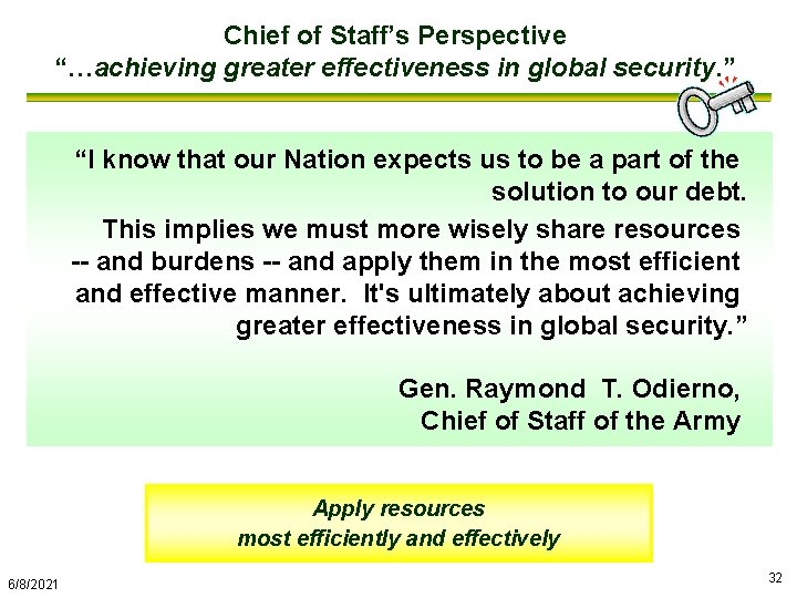 Chief of Staff’s Perspective “…achieving greater effectiveness in global security. ” “I know that