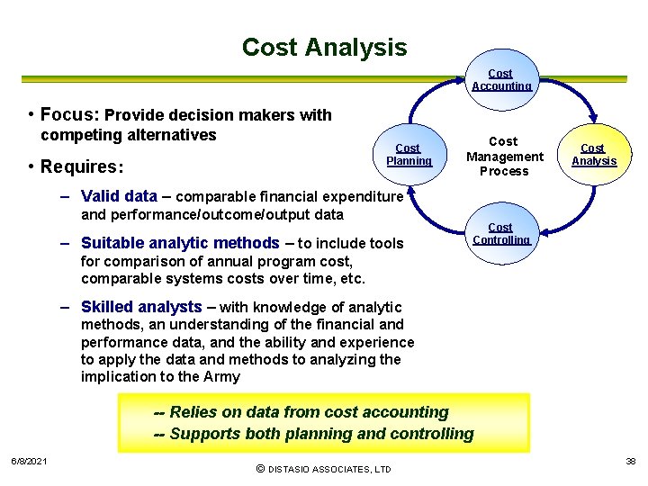 Cost Analysis Cost Accounting • Focus: Provide decision makers with competing alternatives Cost Planning