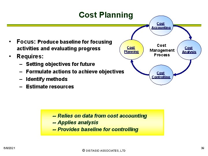 Cost Planning Cost Accounting • Focus: Produce baseline for focusing activities and evaluating progress