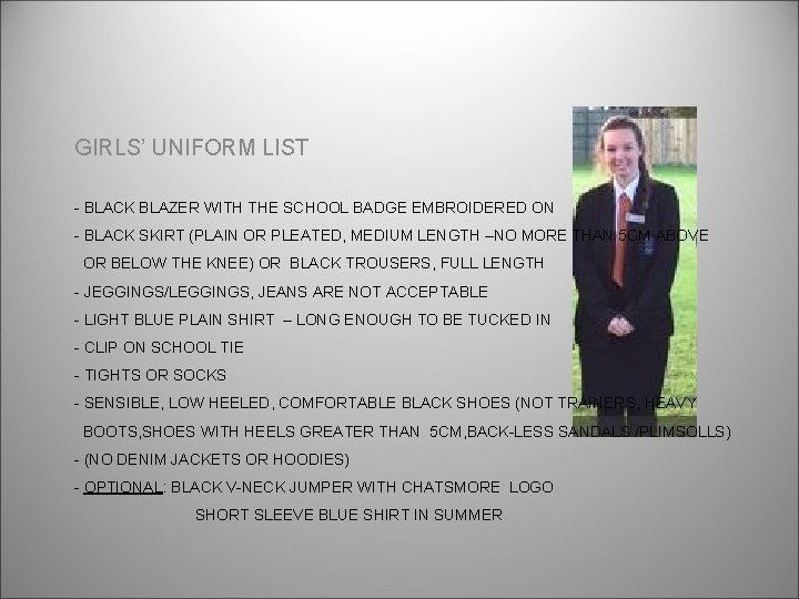 GIRLS’ UNIFORM LIST - BLACK BLAZER WITH THE SCHOOL BADGE EMBROIDERED ON - BLACK GIRLS’ UNIFORM LIST - BLACK BLAZER WITH THE SCHOOL BADGE EMBROIDERED ON - BLACK